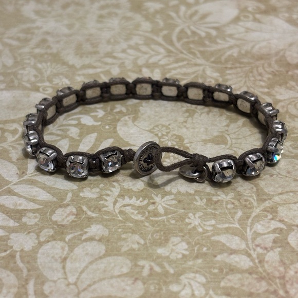 Fossil Silver Tone Brown Leather Wrapped Crystal Button Bracelet 7-1/2” - Picture 4 of 7